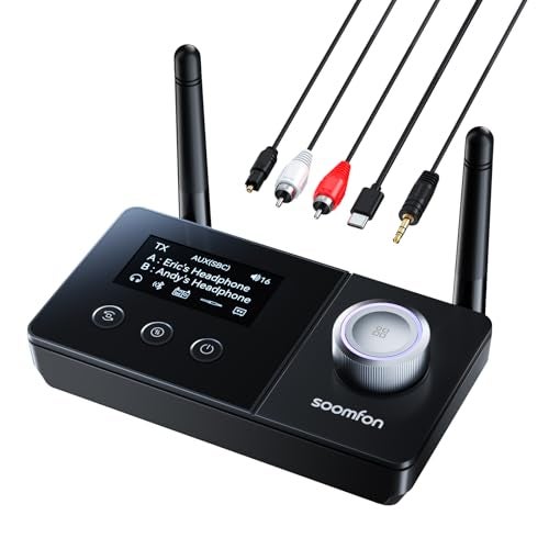 SOOMFON Dual Antenna Bluetooth Transmitter for TV Bluetooth 5.3 Receiver 3-in-1 to 2 Headphones with LCD Display Volume Control Optical AUX RCA for TV Home Stereo Speaker - Image 1