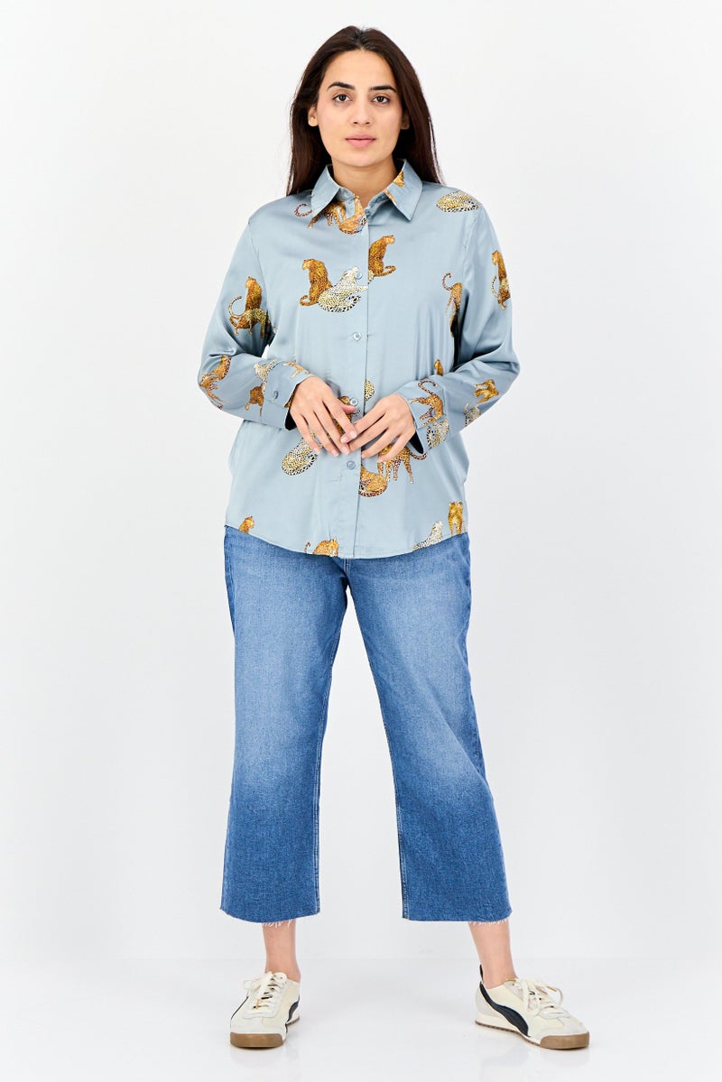 XOXO Women Spread Collar Allover Print Long Sleeves Satin Shirt, Grey - Image 4