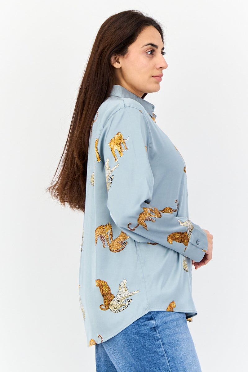 XOXO Women Spread Collar Allover Print Long Sleeves Satin Shirt, Grey - Image 2