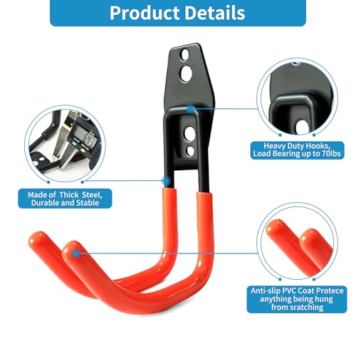 GeeWatom Garage Storage Utility Hooks，Garage Garden Tool Organizer，Steel Wall Mount Hooks, Large Garden U Hooks （2 Pack） (Type-2-Orange) - Image 3