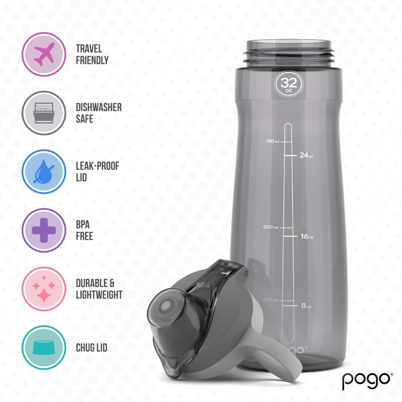 Pogo BPA-Free Tritan Plastic Water Bottle with Chug Lid, 32 Oz, Grey - Image 4
