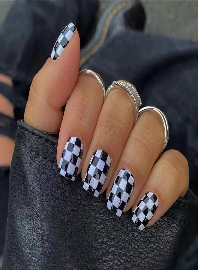HJKDSFD 24 Pcs Short Press on Nails Black and White Checkerboard Fake Nails Square Acrylic Glossy False Nails Design Artificial Reusable Glue on Nails Short Coffin Stick on Nails for Women Girls - Image 1