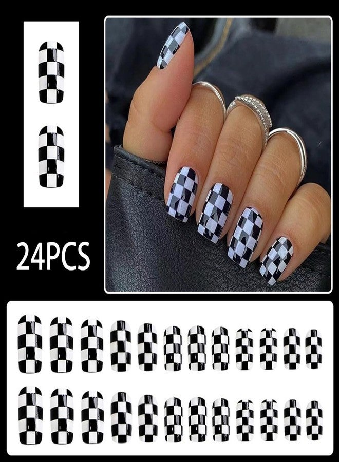HJKDSFD 24 Pcs Short Press on Nails Black and White Checkerboard Fake Nails Square Acrylic Glossy False Nails Design Artificial Reusable Glue on Nails Short Coffin Stick on Nails for Women Girls - Image 4