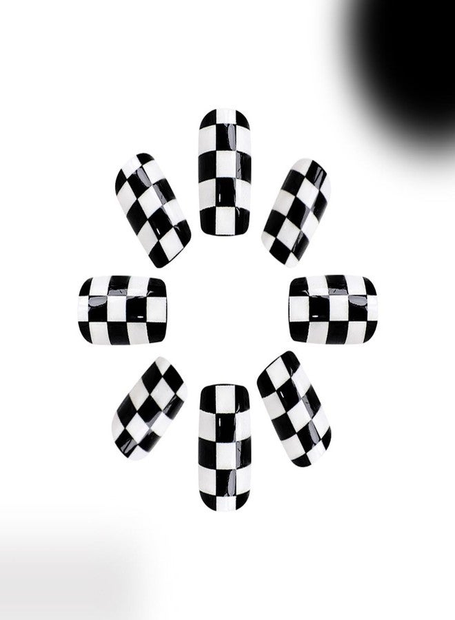 HJKDSFD 24 Pcs Short Press on Nails Black and White Checkerboard Fake Nails Square Acrylic Glossy False Nails Design Artificial Reusable Glue on Nails Short Coffin Stick on Nails for Women Girls - Image 2