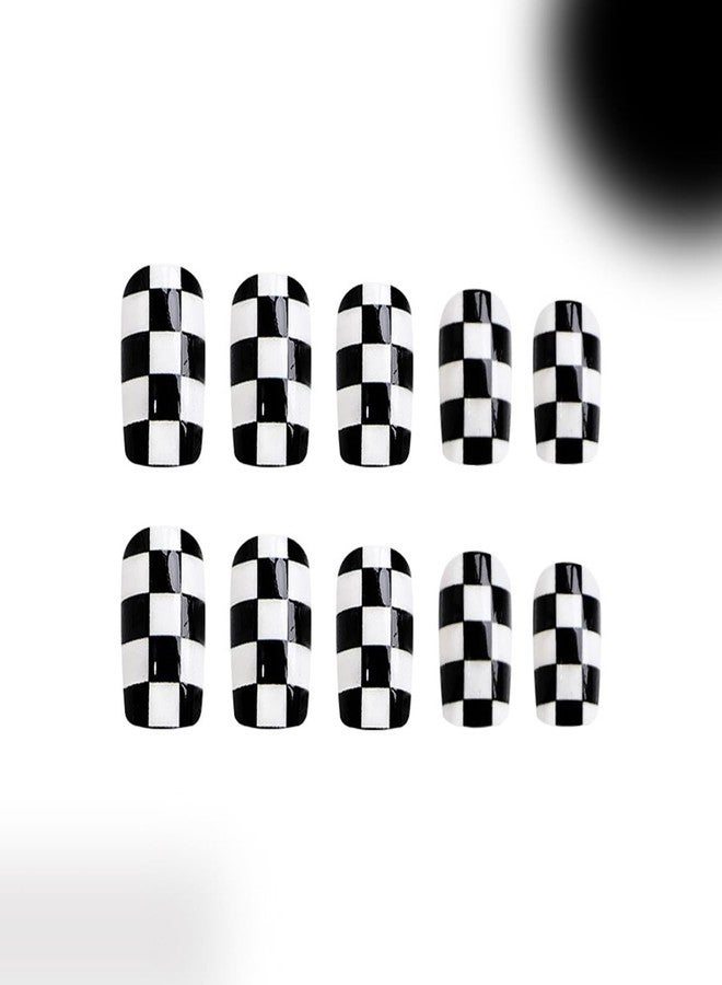 HJKDSFD 24 Pcs Short Press on Nails Black and White Checkerboard Fake Nails Square Acrylic Glossy False Nails Design Artificial Reusable Glue on Nails Short Coffin Stick on Nails for Women Girls - Image 3