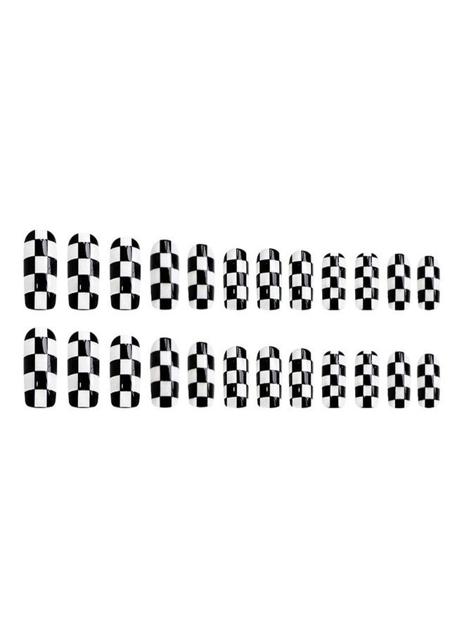 HJKDSFD 24 Pcs Short Press on Nails Black and White Checkerboard Fake Nails Square Acrylic Glossy False Nails Design Artificial Reusable Glue on Nails Short Coffin Stick on Nails for Women Girls - Image 5