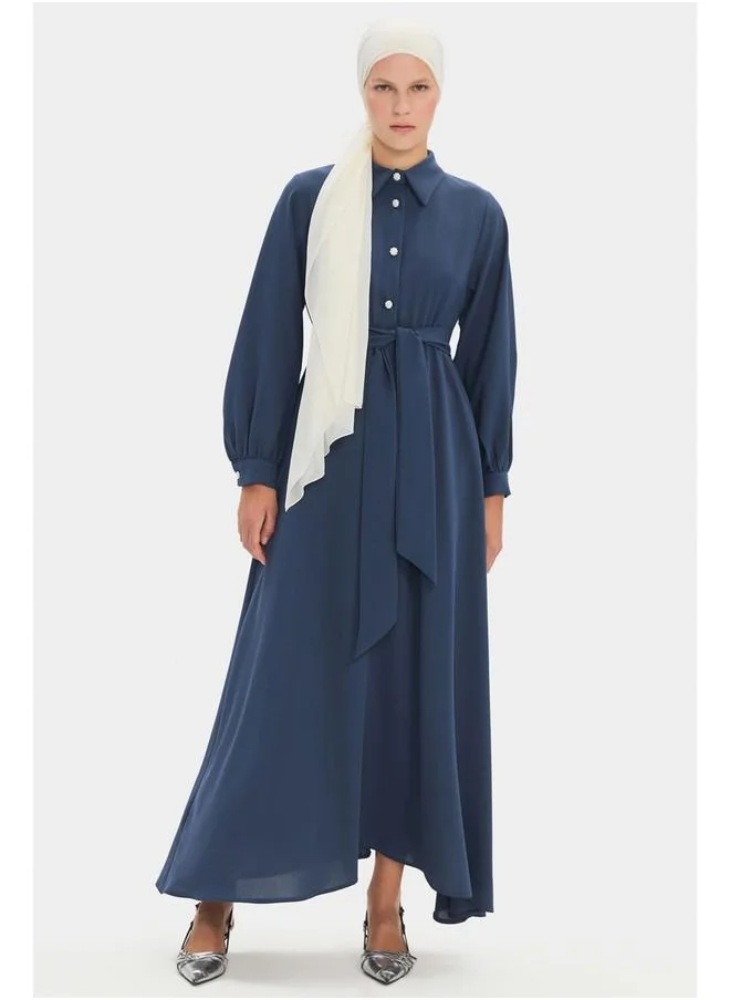 JUNE June Women Shirt Neck Balloon Sleeve Waist Tie Detail Maxi Dress Indigo