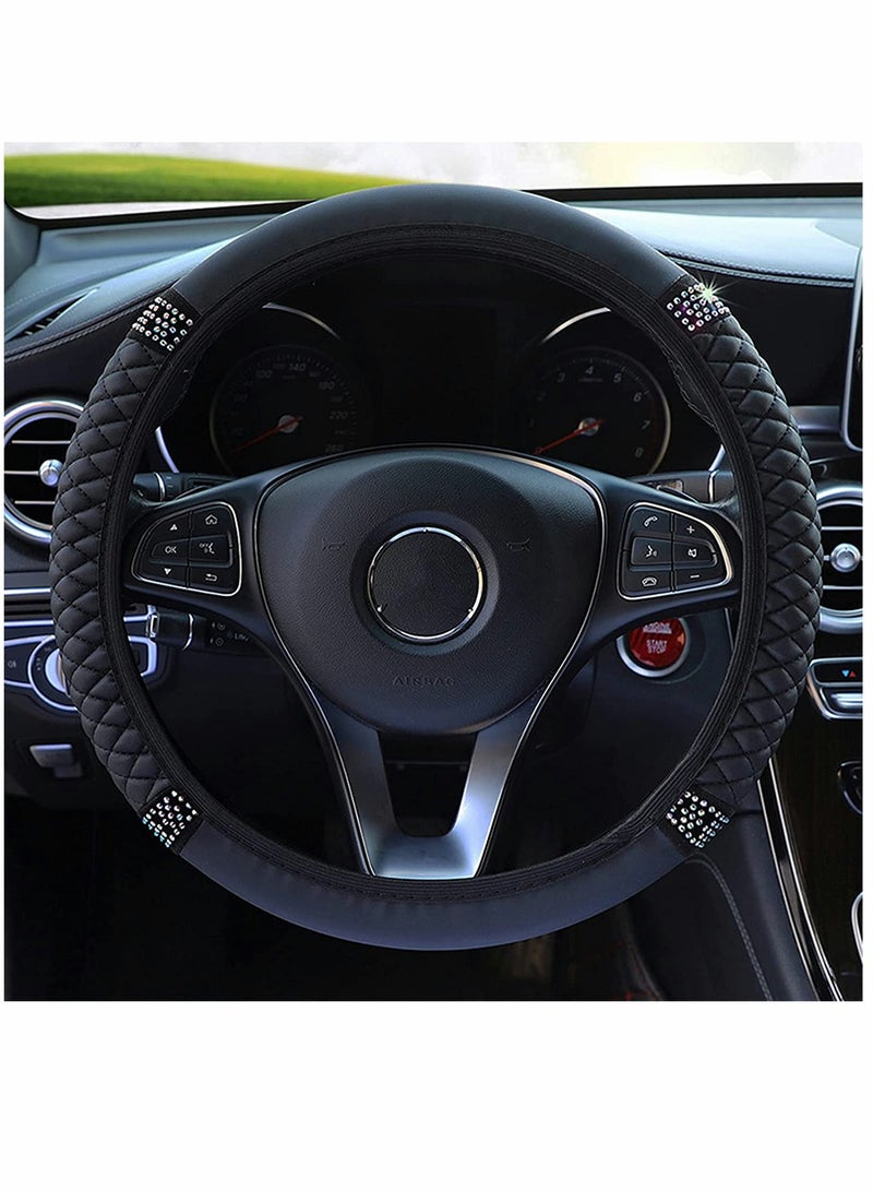 KASTWAVE Diamond Leather Steering Wheel Cover for Women Girls, with Bling Bling Crystal Rhinestones, Universal Fit 15 Inch Car Steering Wheel Protector (Black) - Image 2