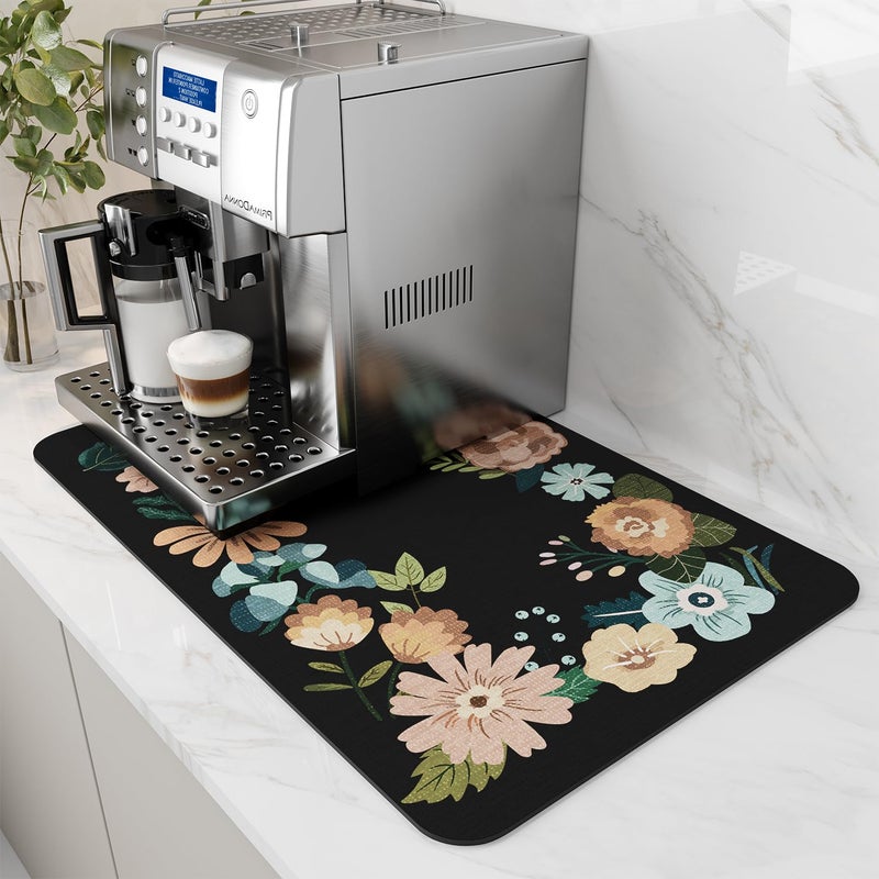 AMOAMI Coffee Mat Hide Stain Rubber Backed Absorbent Dish Drying Mat for Kitchen Counter - Bar Accessories Fit Under Coffee Maker, Espresso Machine, Dish Rack - Floral Black 16x24 - Image 1