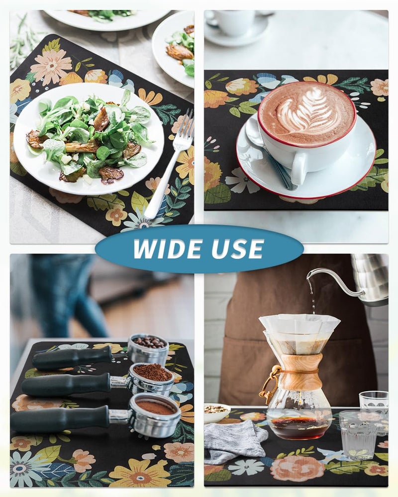 AMOAMI Coffee Mat Hide Stain Rubber Backed Absorbent Dish Drying Mat for Kitchen Counter - Bar Accessories Fit Under Coffee Maker, Espresso Machine, Dish Rack - Floral Black 16x24 - Image 5