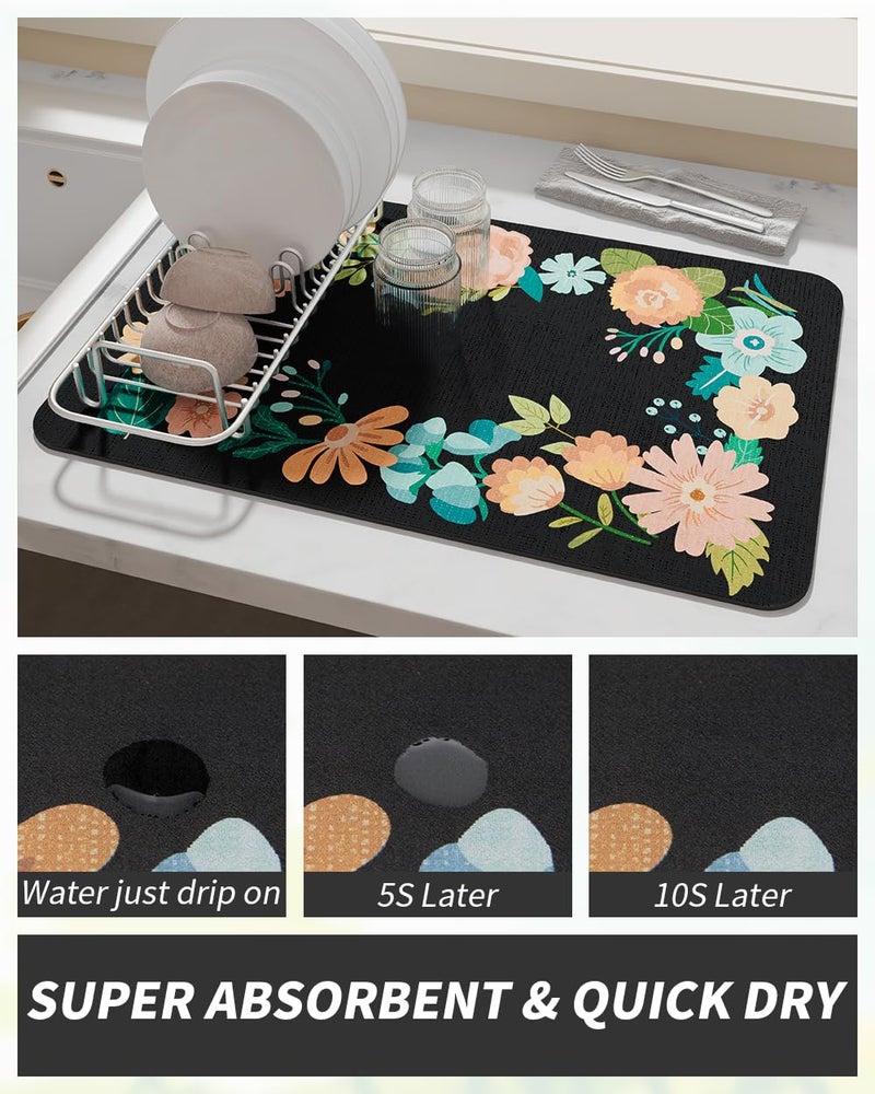 AMOAMI Coffee Mat Hide Stain Rubber Backed Absorbent Dish Drying Mat for Kitchen Counter - Bar Accessories Fit Under Coffee Maker, Espresso Machine, Dish Rack - Floral Black 16x24 - Image 2