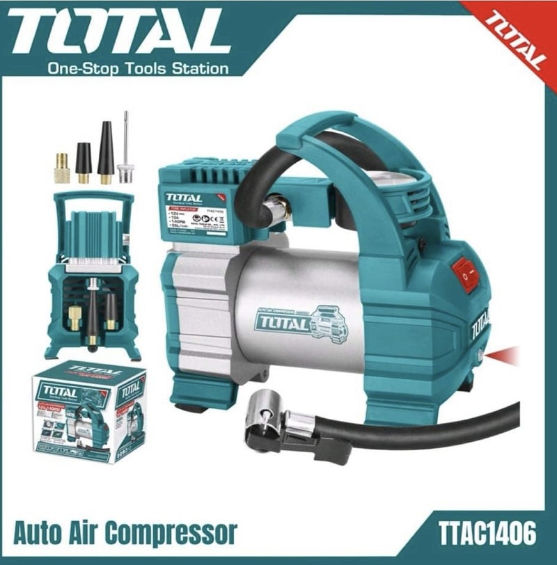 TOTAL TTAC1406 Auto Air Compressor 140 PSI Portable Tyre Inflator Pump with LED Light, DC 12V Heavy Duty Air Pump for Car Bike SUV Motorcycle, Metal Pump Body, 35L/Min Air Flow, Battery Clip & Nozzle Adapter Kit - Image 1