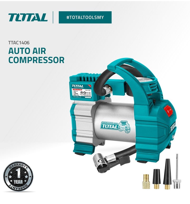 TOTAL TTAC1406 Auto Air Compressor 140 PSI Portable Tyre Inflator Pump with LED Light, DC 12V Heavy Duty Air Pump for Car Bike SUV Motorcycle, Metal Pump Body, 35L/Min Air Flow, Battery Clip & Nozzle Adapter Kit - Image 4