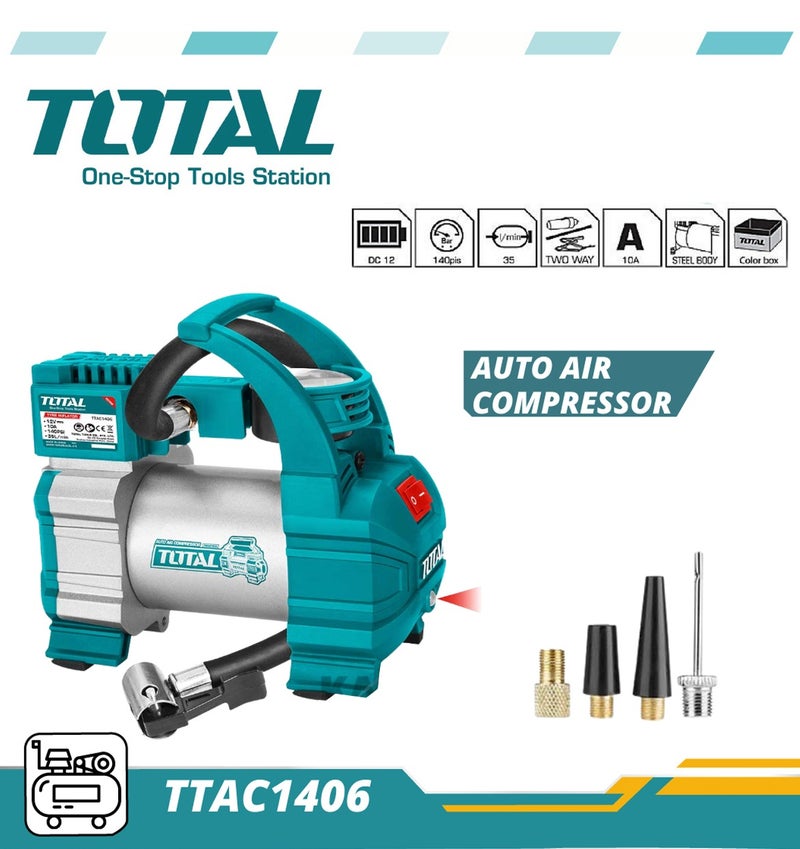 TOTAL TTAC1406 Auto Air Compressor 140 PSI Portable Tyre Inflator Pump with LED Light, DC 12V Heavy Duty Air Pump for Car Bike SUV Motorcycle, Metal Pump Body, 35L/Min Air Flow, Battery Clip & Nozzle Adapter Kit - Image 5