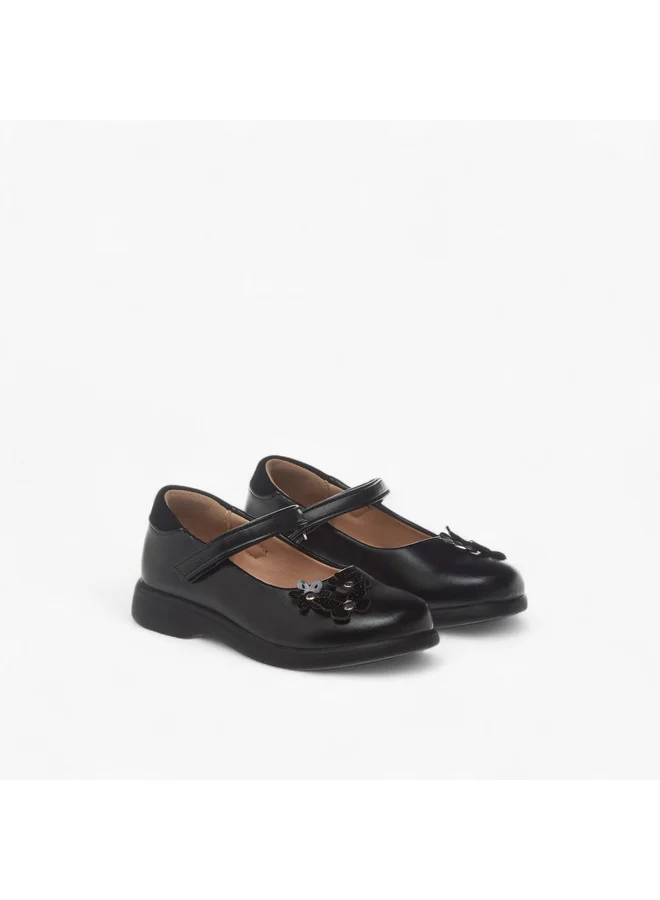 Flora Bella By Shoexpress Girls Applique Detail School Shoes with Hook and Loop Closure