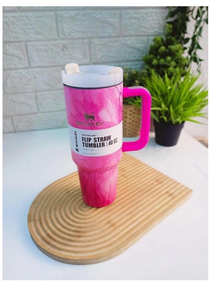 ستانلي كوب ستانلي كوينشر H2.0 فلو ستيت معزول بتفريغ الهواء من الستانلس ستيل مع غطاء وماصة للمياه والشاي المثلج او القهوة والسموذي واكثر ذلك 40 اونصة/ 1.18 لتر لون بينك رخامي - Image 1