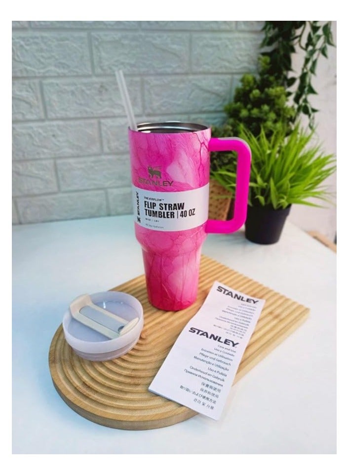 ستانلي كوب ستانلي كوينشر H2.0 فلو ستيت معزول بتفريغ الهواء من الستانلس ستيل مع غطاء وماصة للمياه والشاي المثلج او القهوة والسموذي واكثر ذلك 40 اونصة/ 1.18 لتر لون بينك رخامي - Image 3