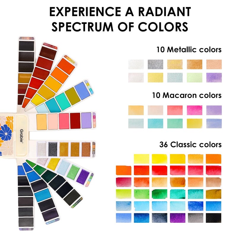 Grabie Watercolor Paint Set, 56 Colors Handheld Watercolor Set of Water Brush Pen, Palette and Removable Sponge, Portable Watercolor Paint for Artist Beginner and Professional - Image 3
