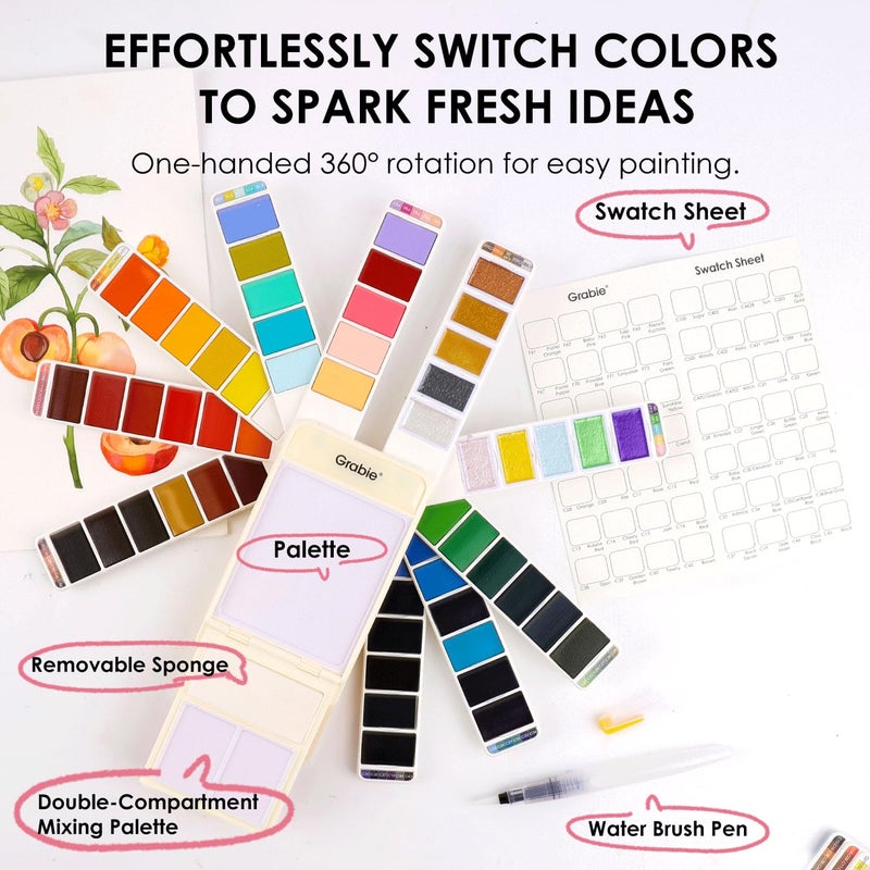 Grabie Watercolor Paint Set, 56 Colors Handheld Watercolor Set of Water Brush Pen, Palette and Removable Sponge, Portable Watercolor Paint for Artist Beginner and Professional - Image 2
