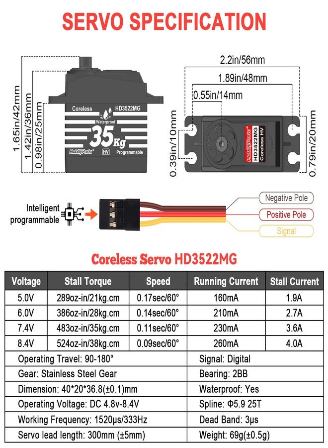 HobbyPark Waterproof 35KG High Torque Servo Motor Coreless Metal Gears Digital RC Steering Servo and 25T Servo Horn for 1/8 1/10 1/12 RC Crawler RC Trucks RC Cars Robots DIY 180° HV Fast, Powerful - Image 2