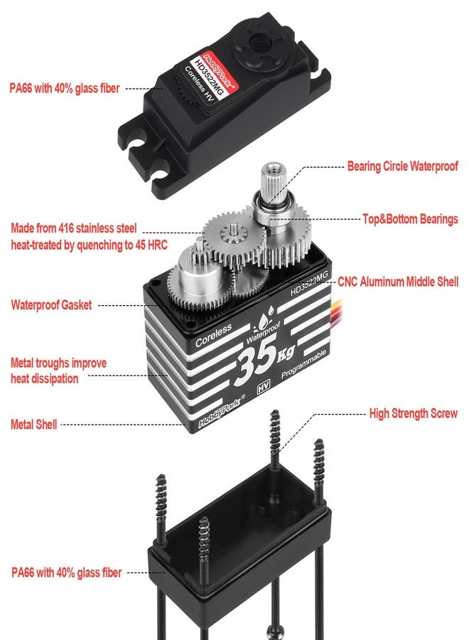 HobbyPark Waterproof 35KG High Torque Servo Motor Coreless Metal Gears Digital RC Steering Servo and 25T Servo Horn for 1/8 1/10 1/12 RC Crawler RC Trucks RC Cars Robots DIY 180° HV Fast, Powerful - Image 4