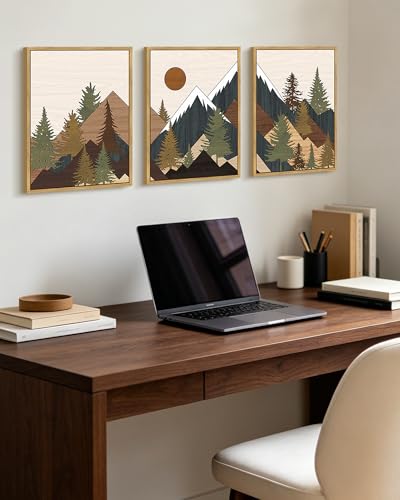 KUVIOKE Landscape Mountain Wall Art Set Sunrise Pine Tree Forest Nature Scenry Wilderness Farmhouse Rustic Modern Art Decorative for Living Room Bedroom 11x 14in Natural Framed - Image 3