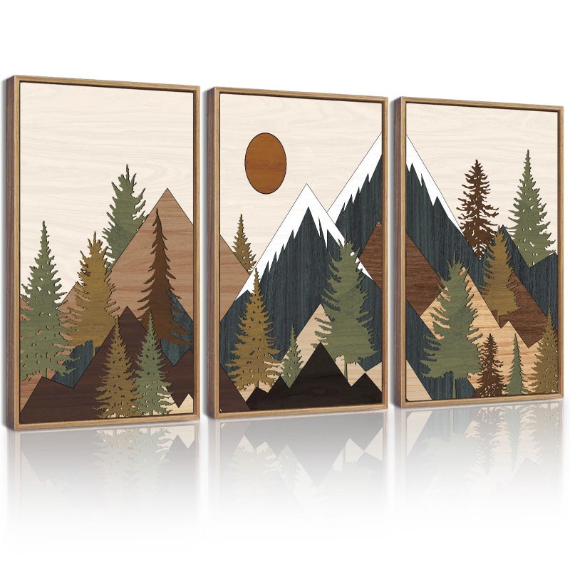 KUVIOKE Landscape Mountain Wall Art Set Sunrise Pine Tree Forest Nature Scenry Wilderness Farmhouse Rustic Modern Art Decorative for Living Room Bedroom 11x 14in Natural Framed - Image 2