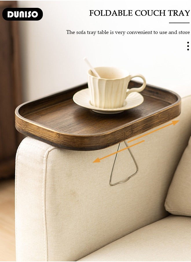 DUNISO - Bamboo Sofa Armrest Tray, Foldable Armrest Tray for Small Spaces, Portable Couch Armrest Table with Non-slip Base, Sofa Tray Table Clip for Wide Couches, TV Table and Side Tables for Eating Drinks Snacks Remote Control - Image 1