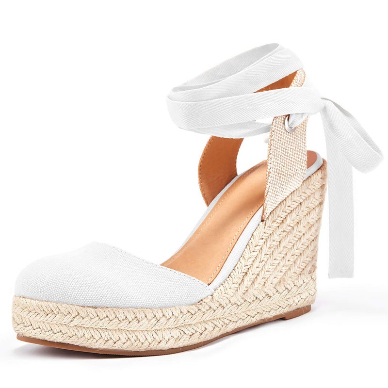 Ermonn Womens Espadrilles Wedge Sandals Platform Closed Toe Ankle Strap Lace Up Summer Shoes - Image 1