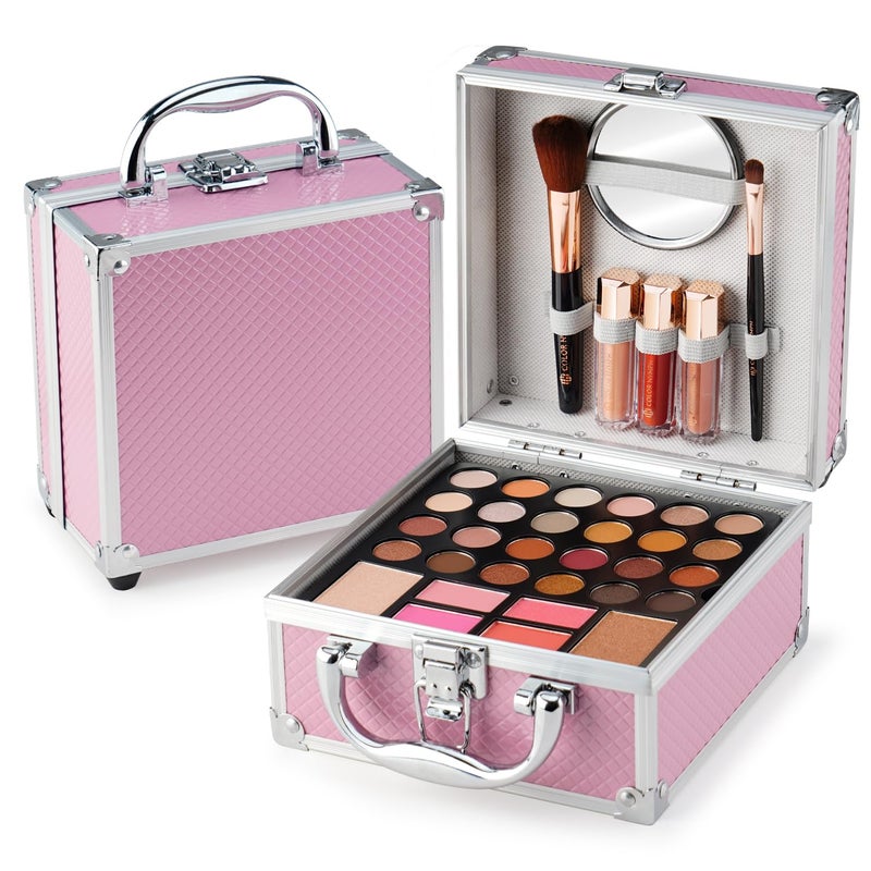 Color Nymph Beginner Makeup Kit For Teens With The Small Cosmetic Train Case Included 24-Colors Eyeshadow Palette Blushes Bronzer Highlighter Lipstick Brushes Mirror(Pink) - Image 1