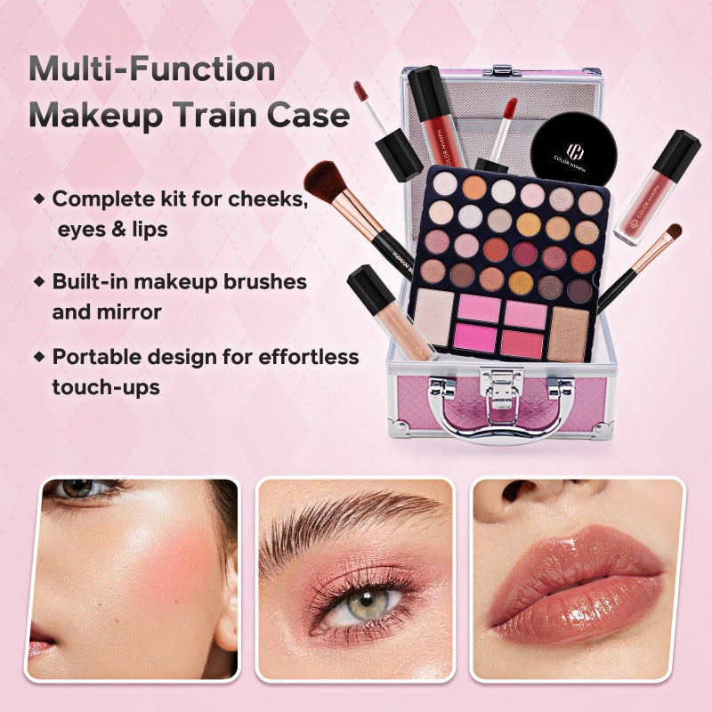 Color Nymph Beginner Makeup Kit For Teens With The Small Cosmetic Train Case Included 24-Colors Eyeshadow Palette Blushes Bronzer Highlighter Lipstick Brushes Mirror(Pink) - Image 2