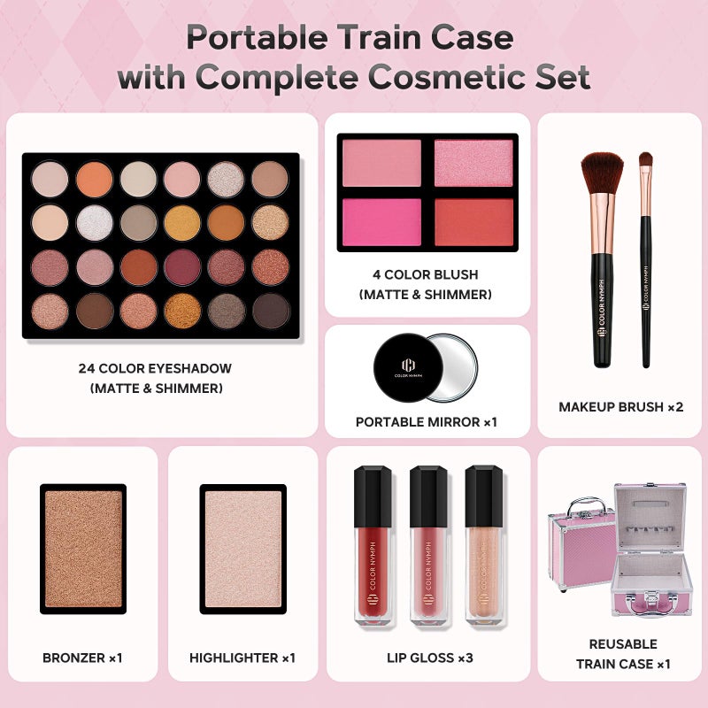 Color Nymph Beginner Makeup Kit For Teens With The Small Cosmetic Train Case Included 24-Colors Eyeshadow Palette Blushes Bronzer Highlighter Lipstick Brushes Mirror(Pink) - Image 4