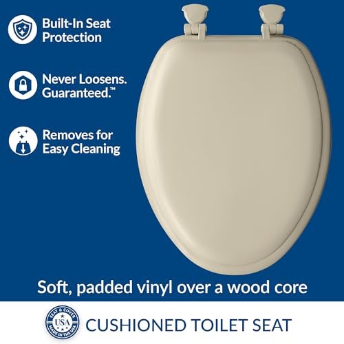 Mayfair Padded Toilet Seat, Cushioned Soft Vinyl over Wood Core Seat, Secure Hinges, Easy Clean, Made in USA, Elongated, Bone - Image 2