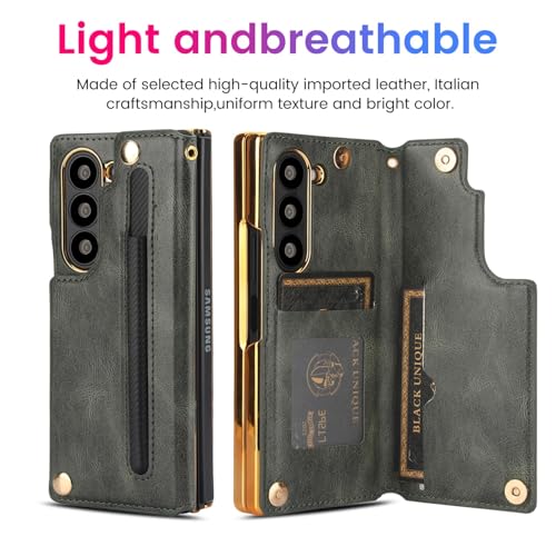 XIMAND for Samsung Galaxy Z Fold 6 Wallet Case with SPen Holder and Credit Card Holder Builtin Front Screen Flim ProtectorLuxurious Leather Magnetic Clasp KickstandGreen - Image 3