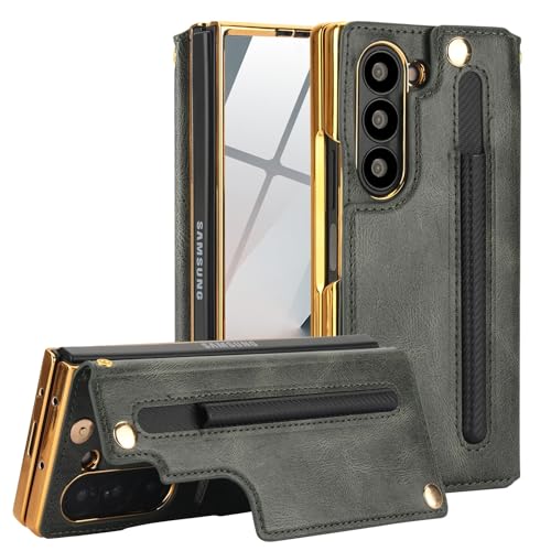 XIMAND for Samsung Galaxy Z Fold 6 Wallet Case with SPen Holder and Credit Card Holder Builtin Front Screen Flim ProtectorLuxurious Leather Magnetic Clasp KickstandGreen - Image 1