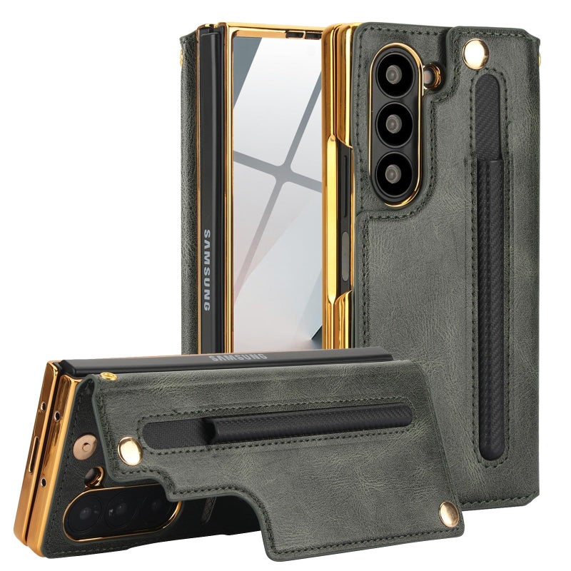 XIMAND for Samsung Galaxy Z Fold 6 Wallet Case with SPen Holder and Credit Card Holder Builtin Front Screen Flim ProtectorLuxurious Leather Magnetic Clasp KickstandGreen - Image 2