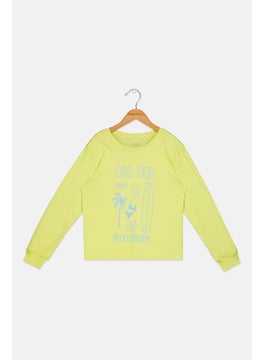 Kids Girl Graphic Printed Long Sleeve Top, Lime Green