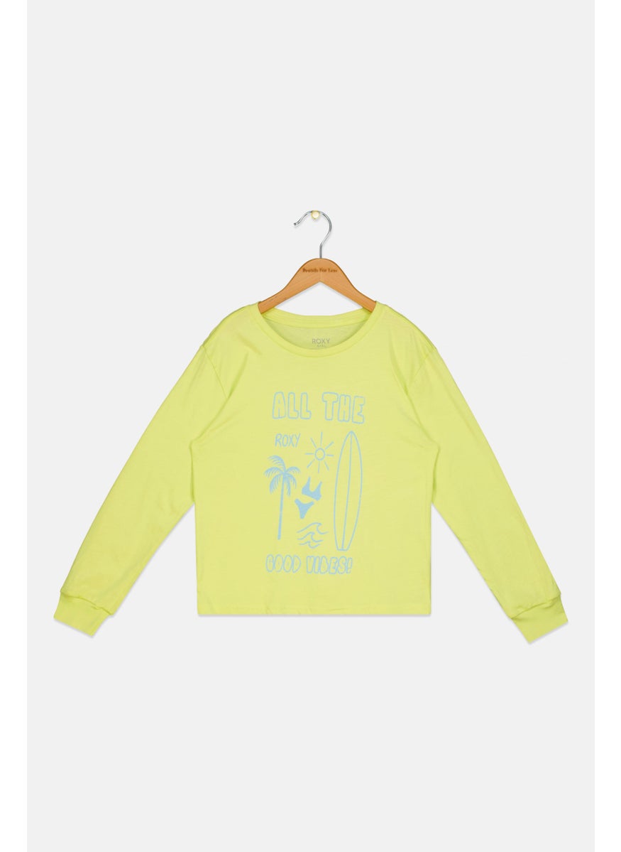 Roxy - Kids Girl Graphic Printed Long Sleeve Top, Lime Green - Image 1