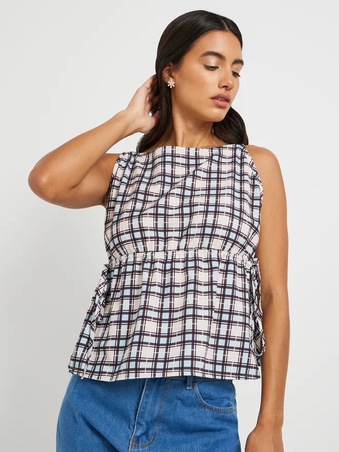 Take Two Take Two Checked Sleeveless Boat Neck Blouse