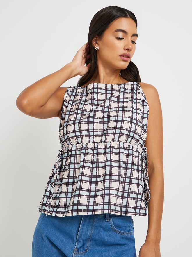 Take Two Checked Sleeveless Boat Neck Blouse - Image 3