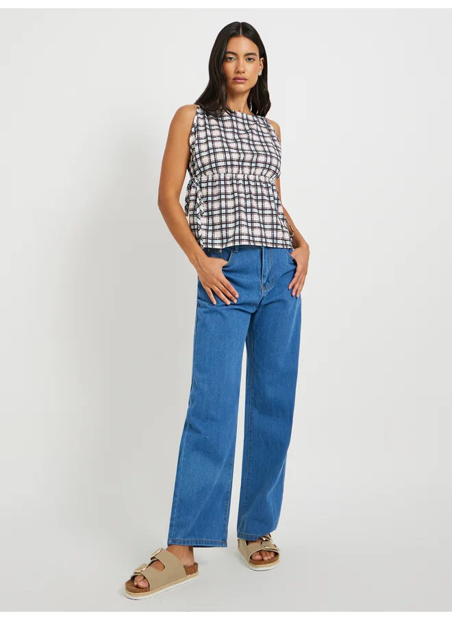 تايك تو Take Two Checked Sleeveless Boat Neck Blouse