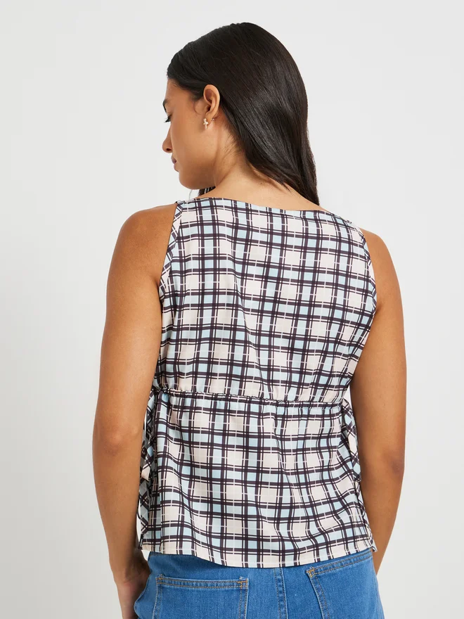 Take Two Take Two Checked Sleeveless Boat Neck Blouse