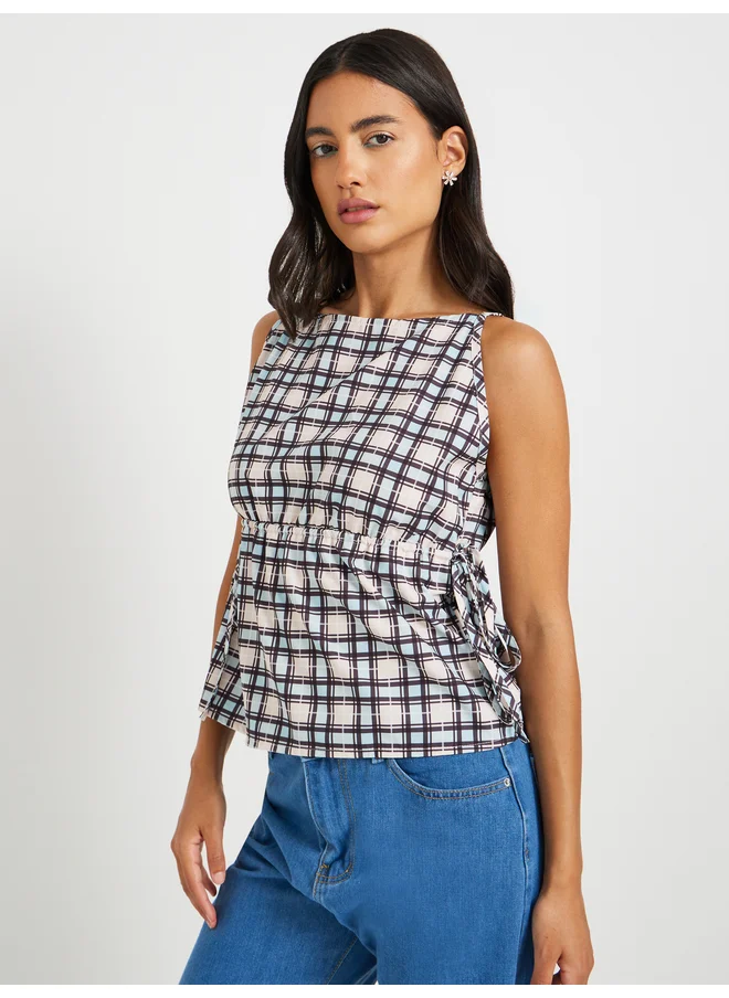 تايك تو Take Two Checked Sleeveless Boat Neck Blouse