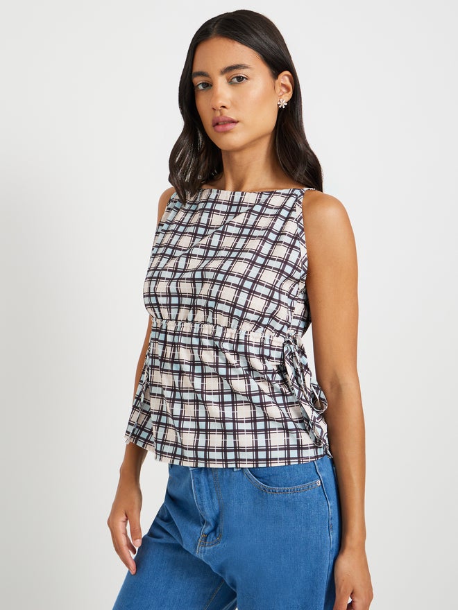 Take Two Checked Sleeveless Boat Neck Blouse - Image 1