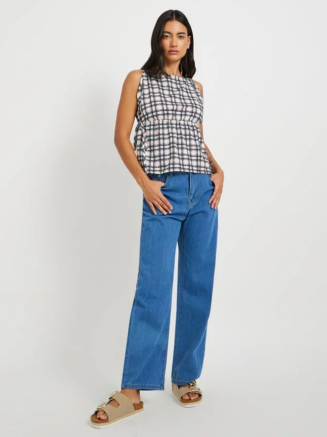 Take Two Checked Sleeveless Boat Neck Blouse