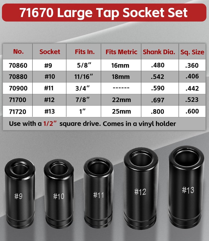 Sunluway 71670 Tap Socket Set Fits 5/8", 11/16", 3/4", 7/8" and 1" Taps, 1/2" Drive, Tap Sockets Adapter For Larger, M.C.T.I. Standard Taps, Large Tap Socket Wrench Set - Image 2