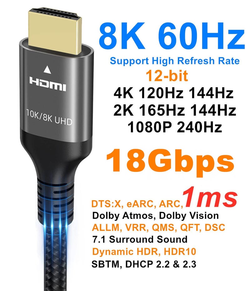 Ubluker كابل HDMI 8K Ubluker 48Gbps بطول 33 قدم، كابل HDMI® عالي السرعة مضفر من النايلون 4k 120Hz 2k 165Hz 8k 60Hz 12bit eARC ARC Dolby Atmos HDR10+ متوافق مع الألعاب PC TV Soundbar Monitor Mac PS5 Xbox - Image 3