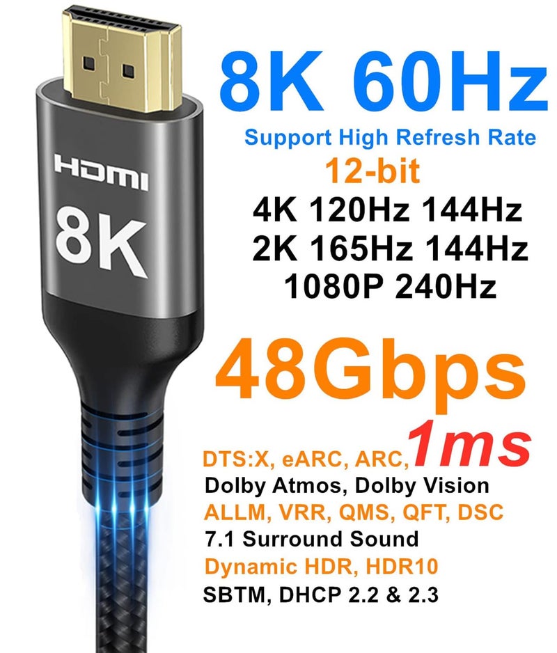 Ubluker كابل HDMI 8K Ubluker 48Gbps بطول 33 قدم، كابل HDMI® عالي السرعة مضفر من النايلون 4k 120Hz 2k 165Hz 8k 60Hz 12bit eARC ARC Dolby Atmos HDR10+ متوافق مع الألعاب PC TV Soundbar Monitor Mac PS5 Xbox - Image 2