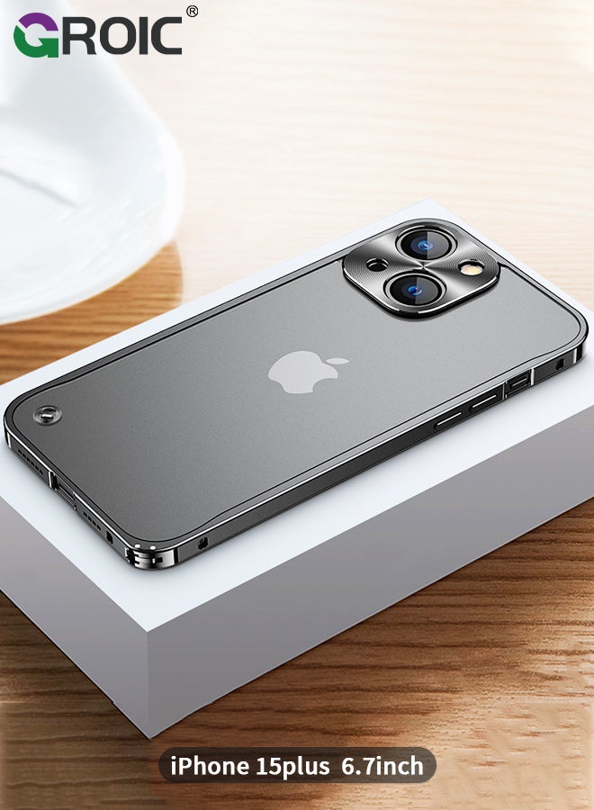 GROIC Metal Frame Black Case for iPhone 15 Plus, Ultra Slim Frosted PC Matte Back with Lanyard Holes Lock Type Aluminum Alloy Bumper - Image 1