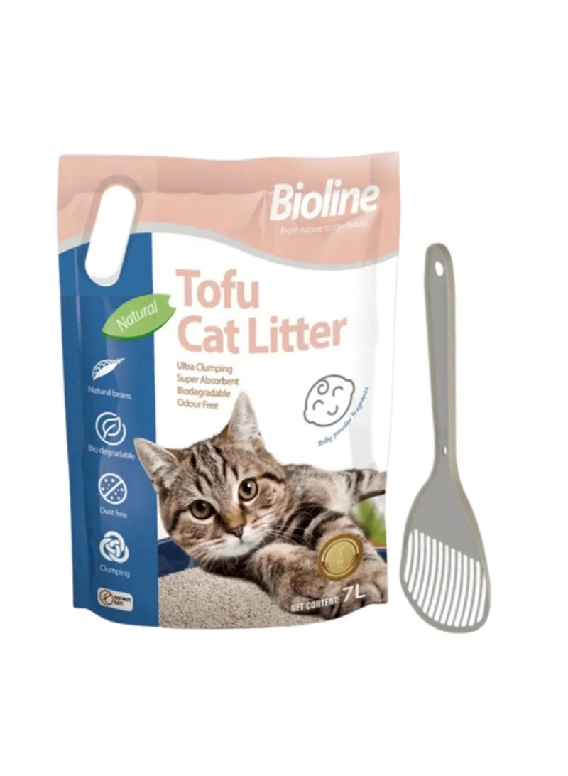 بايولاين رمل قطط توفو 7 لتر - رائحة بودرة الأطفال + مغرفة رمل موديرنا